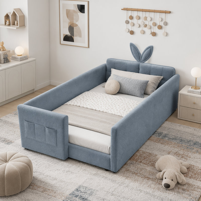 Lit plateforme simple avec tête de lit pour oreilles de lapin, barrière de sécurité et poche de rangement, Sky Blue