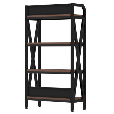 57.35'' Metal And Wood Four - Level Storage Shelf For Bedroom, Kitchen, Closet, Featuring Open Shelving, Material, Stylish Finish 4 Bakers Rack In Black Brown Bathroom, , With Smooth Cleanup,