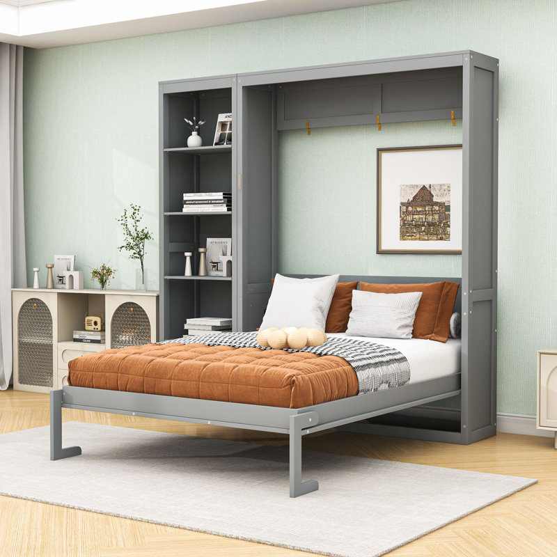 Lit escamotable en bois avec tablettes multifonctionnelles, Gris, Grand lit