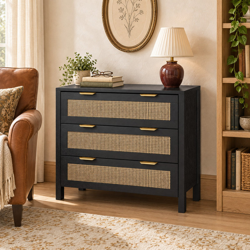 Commode à 3 tiroirs de 80 cm de large pour chambre à coucher, commode de rangement en rotin - Noir, 31.5" W, Noir