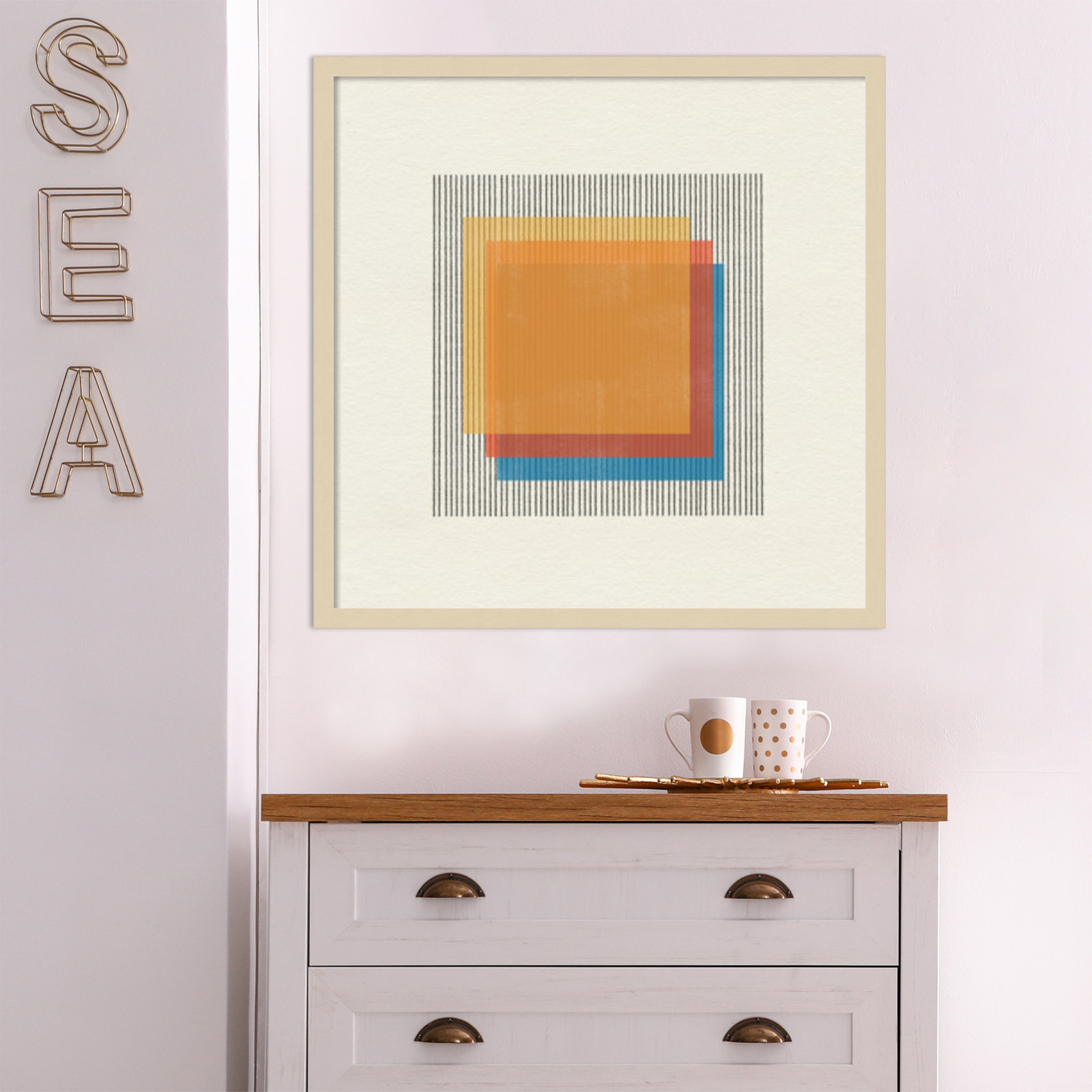Midcentury Modern Squares No 1 Print, Brown Framed, 25" H x 25" W x 1" D