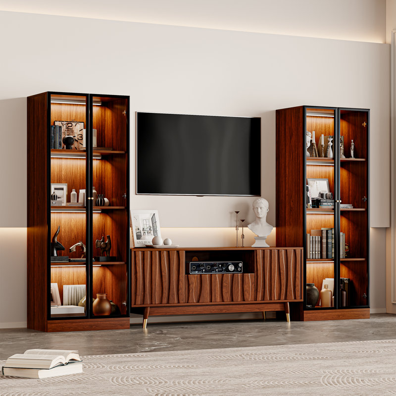 102.3'' Brown Entertainment Center With Bookshelves For 55 Inch Tv, Mid Century Modern Wood 55.1" Walnut Finish TV Console Table With Relief Panel And Glass Display Cabinet With Lights Set Media Console For Living Room Bedroom