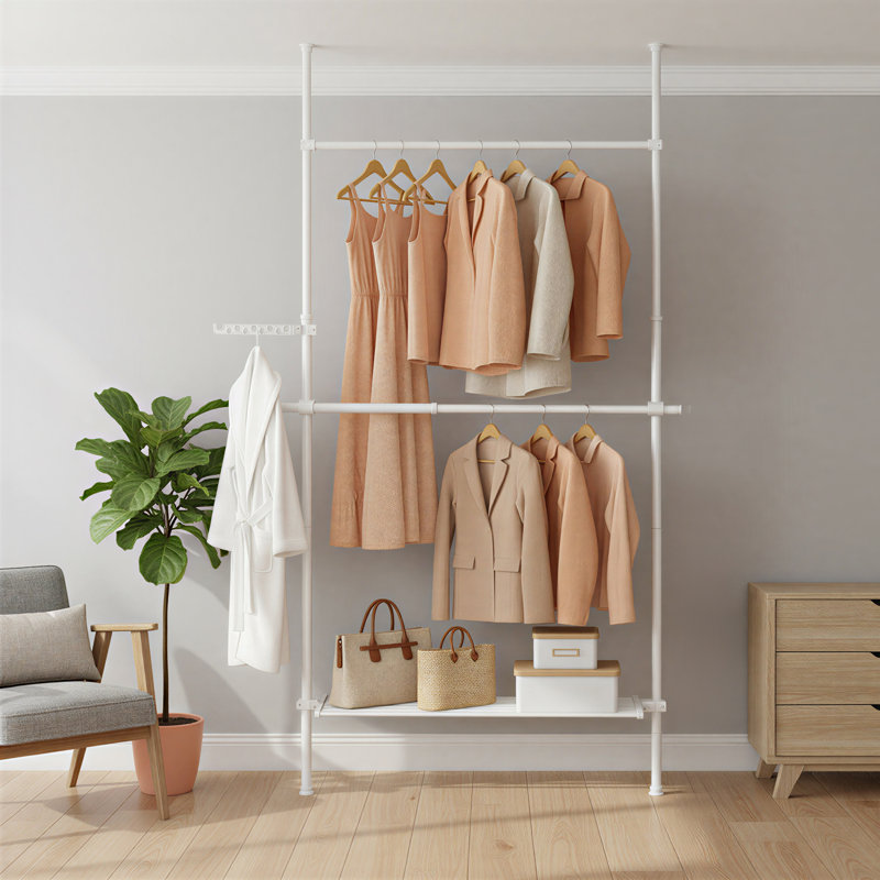 Portant du sol au plafond, support à vêtements à 3 niveaux, support à vêtements réglable en hauteur et en largeur, organisateur de garde-robe avec 2 tringles et 1 tablette, tringle à vêtements, blanc mat
