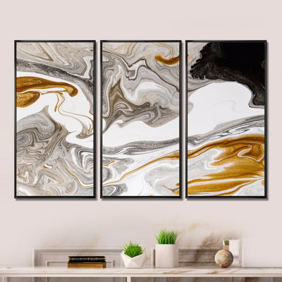 " Black And White Liquid Marble Waves III " 3 - Pieces