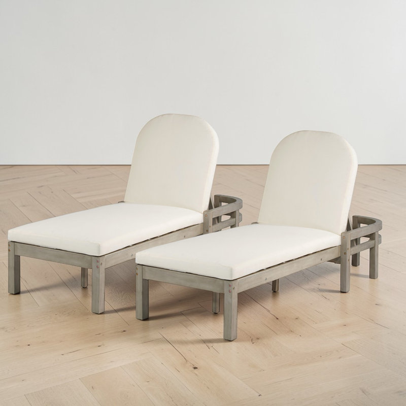 Ensemble de 2 chaises longues d'extérieur, dossier réglable à 5 positions, bois massif, contour arqué, contemporain, bord de piscine