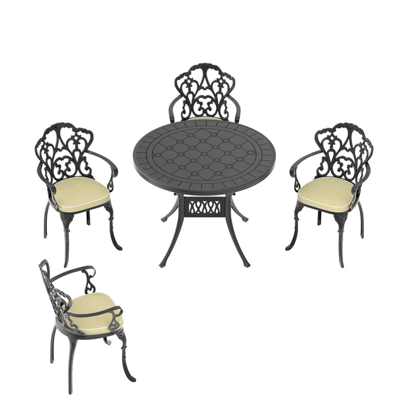 Ensemble de 5 meubles de patio en fonte d'aluminium avec coussins blanc cassé