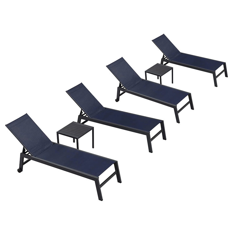 Latitude Run Outdoor Rust-Resistant Metal Chaise Lounge with Table, Navy