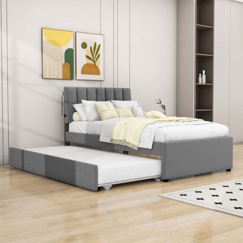 Upholstered Platform Bed with Trundle and LED Lights, Gray, Twin