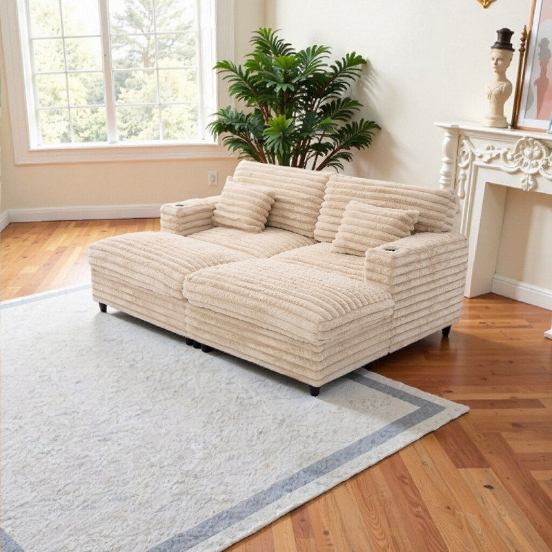 Canapé double avec méridienne et rembourrage en fourrure de lapin, Beige