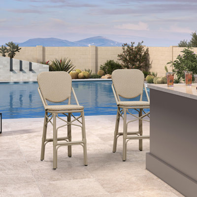 French Bar Stools Set of 2 Patio Rattan Aluminum Bar Height White Pattern Finish Barstools with Full Wicker Back