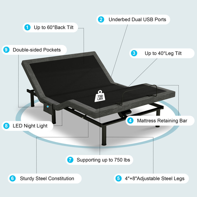 Adjustable Bed Frame With 12" White Gel Memory Foam Mattress, Full