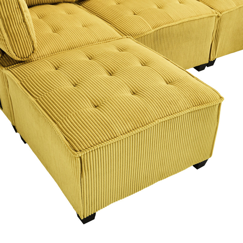 Modulaire avec méridienne réversible, 6 coussins, éponge douce en velours côtelé jaune, Jaune
