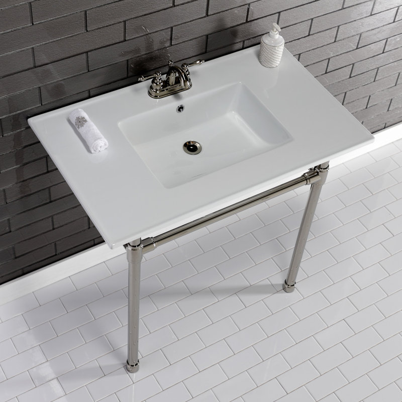 Kingston Brass Dreyfuss 37-Inch Ceramic Console Sink with Stainless Steel Legs (4-Inch, 3-Hole), White/Brushed Brass
