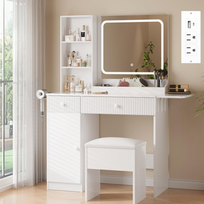 Vanity Desk with Mirror and Lights, Makeup Desk with 3 Lighting Modes, Power Outlet, Drawers & Storage Shelves, Storage Stool, Vanity for Bedroom