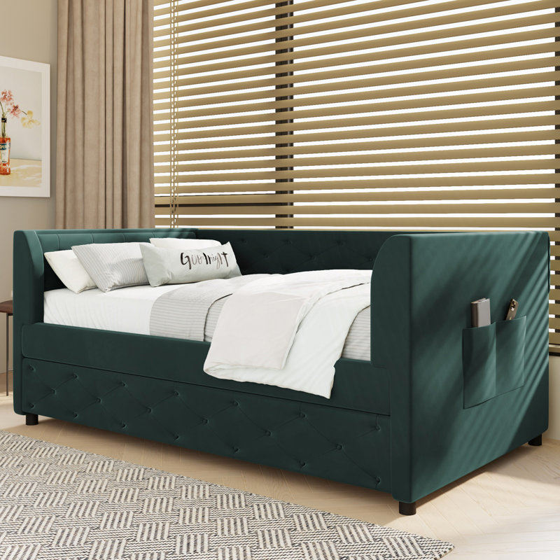 Lit de jour simple rembourré capitonné avec lit gigogne, lit de jour moderne, Vert