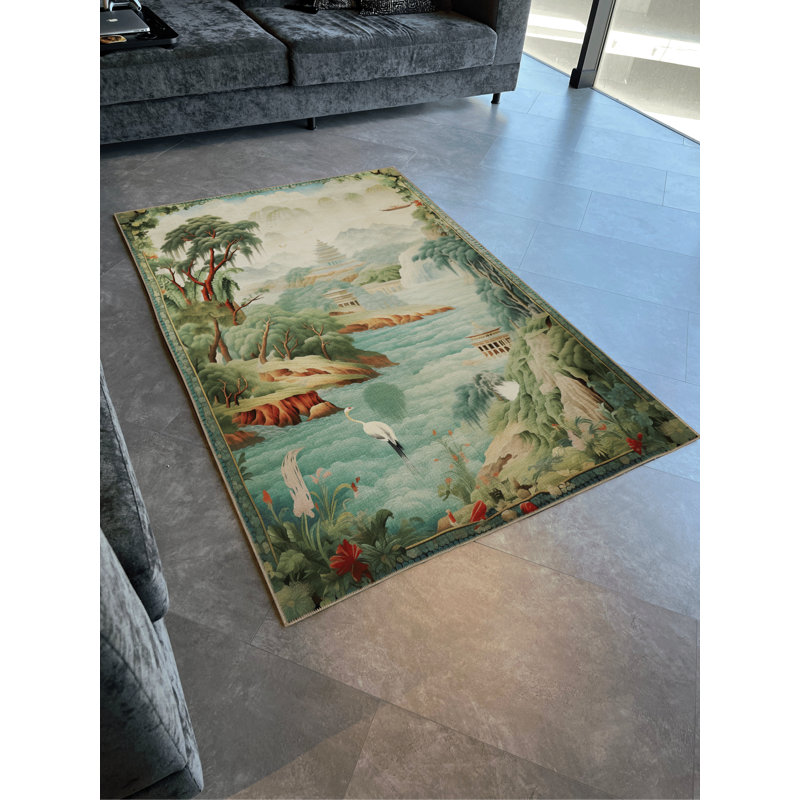 Tapis décoratif à motif de rivière, de forêt et de cigogne Gobelin, Runner 3'3.37" x 9'10.11"