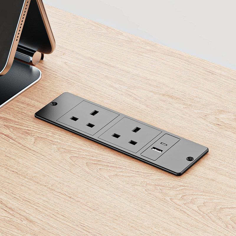 Recessed Power Strip Uk, 2 Way Uk Outlets With Usb C & Usb A Ports, Flush Mount In Desk Power Socket For Office Home Hotel