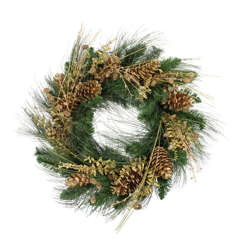 Couronne de Noël artificielle dorée en forme de pomme de pin et de baies - non éclairée 26 pouces