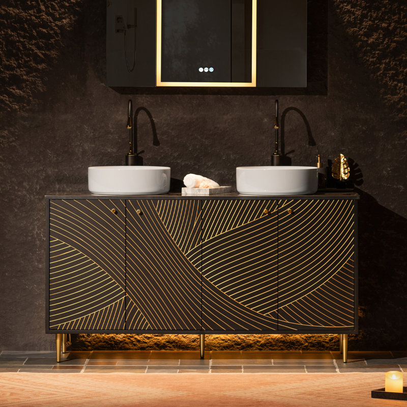 Meuble-lavabo de salle de bain 60 po x 22 po avec double vasque ronde en céramique Eden et plateau en pierre reconstituée noire Eden