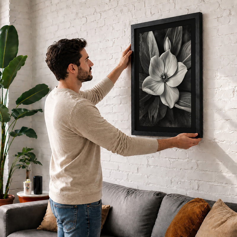 Monochrome Bloom Botanical - Framed Print, A2 - 59.4 x 42.0 cm, Walnut