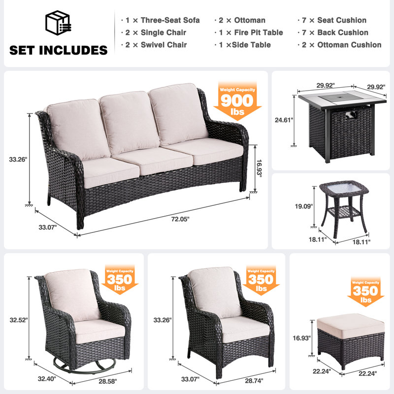 Amerissa 7 - Person Patio Conversation Set with Cushions, Brown, Beige