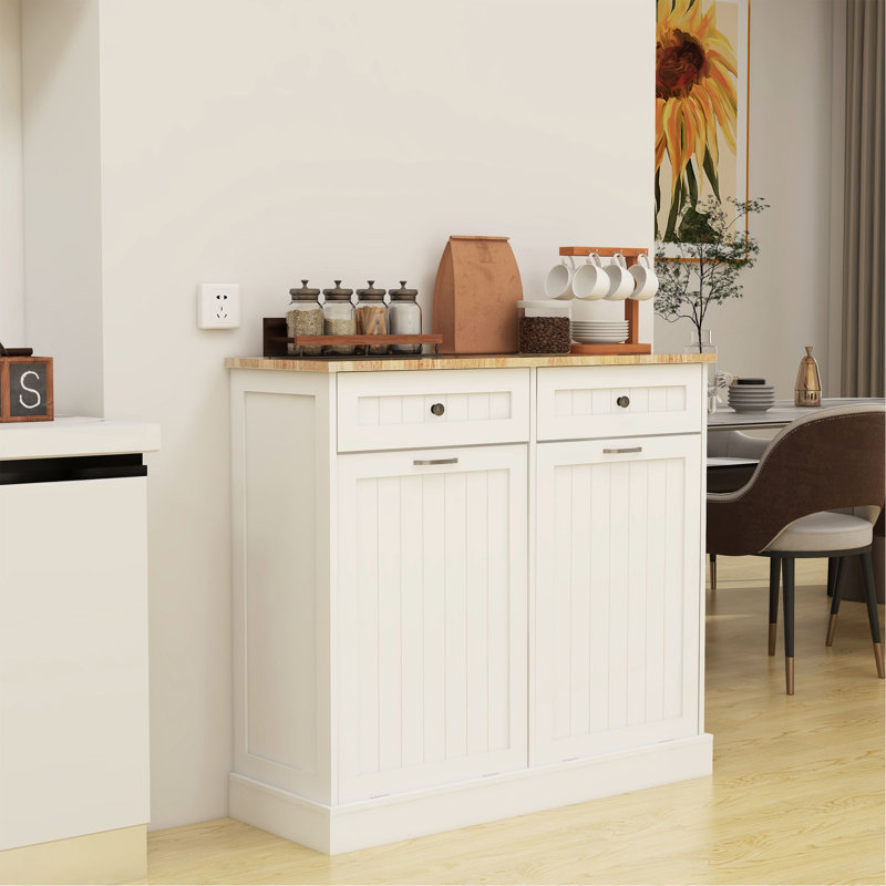 Armoire poubelle de cuisine à deux tiroirs et deux compartiments basculants - blanc, Blanc