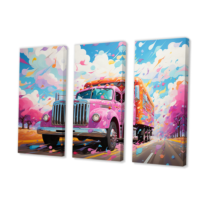 «Pink Raimbow Truck» - ensemble d'art mural en toile, H 28 po x l 36 po