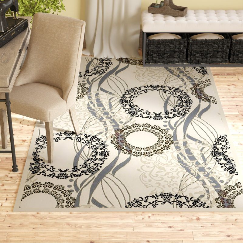 Tapis crème / gris en laine Ilbert, Rectangle 8 pi x 10 pi
