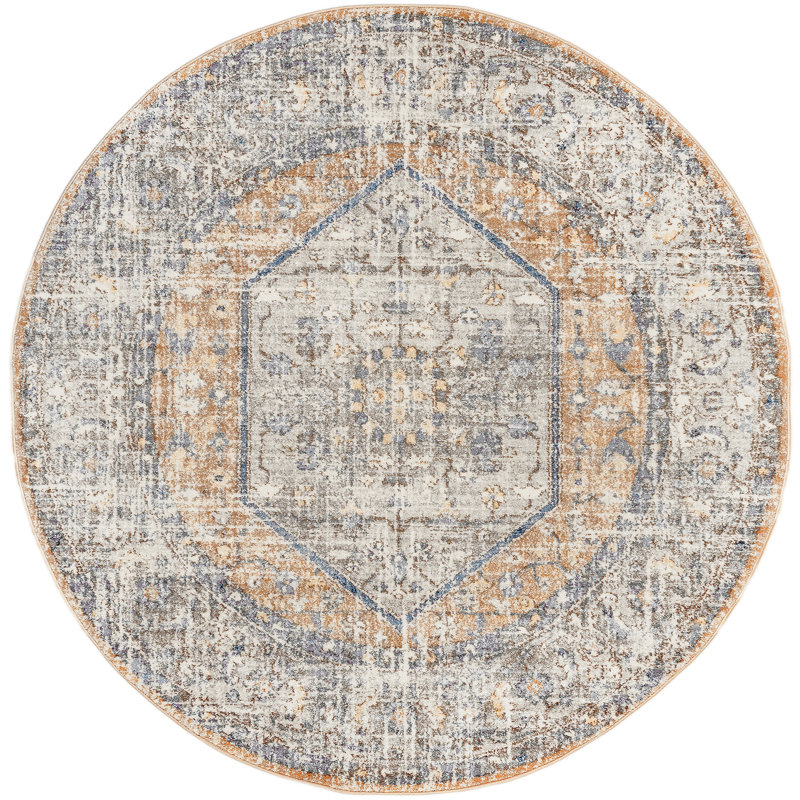 Mattawa Oriental Power Loom Performance Peach/Blue Rug, Round 5'
