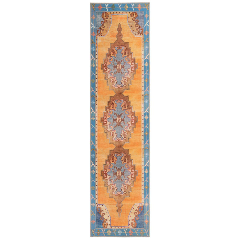 Tapis traditionnel de couleur bleu marine / orange, Tapis de couloir 2 pi x 7 pi 10 po