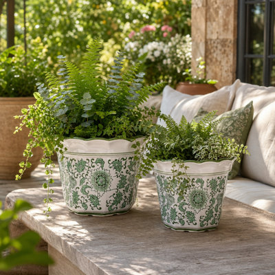 Textured Chinoiserie Ceramic Outdoor Planters for Living Room and Home Decor - Decorative Indoor Flower Pots for Patio and Garden - Set of 2, Green