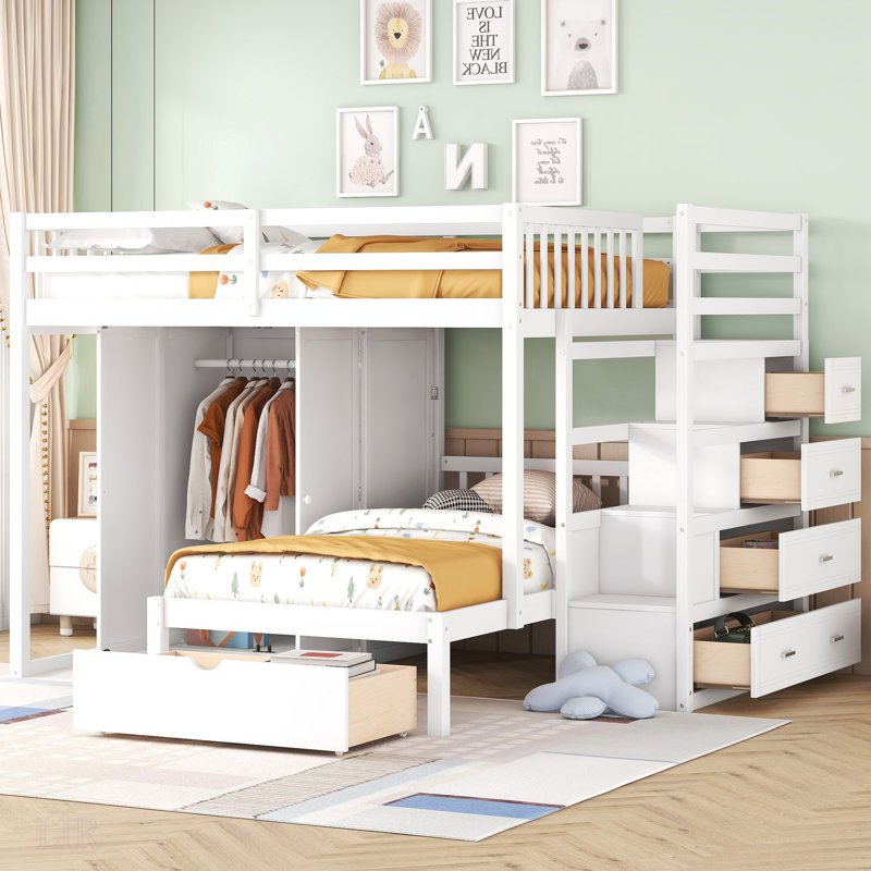 Lit superposé double au-dessus de simple avec garde-robe et tiroirs, parfait pour économiser de l'espace et organiser, Gris