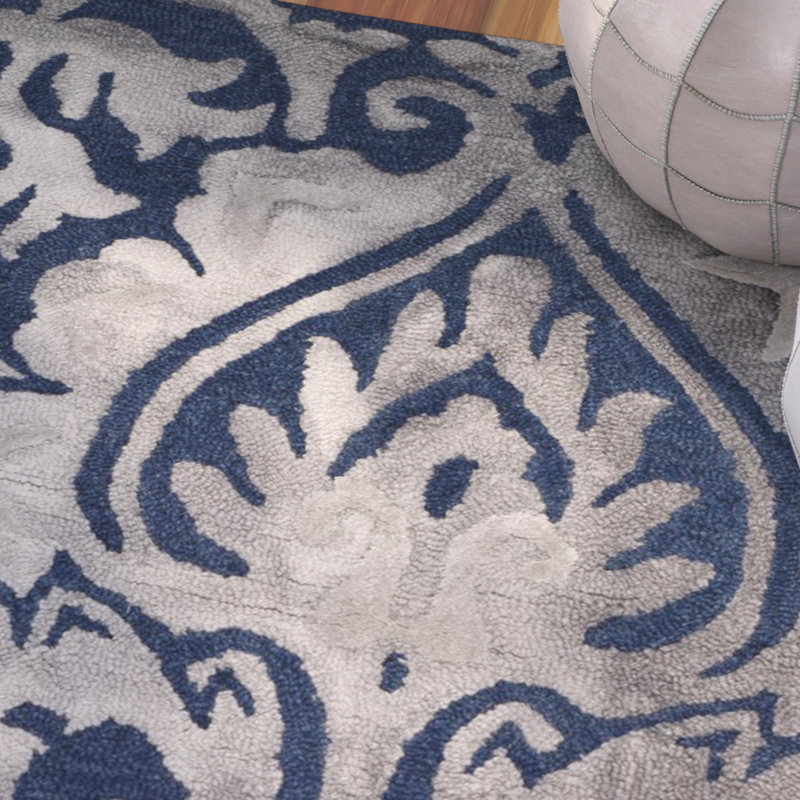 Tapis bleu marine en laine / coton touffeté à la main Pimentel, Rectangle 5 pi x 8 pi