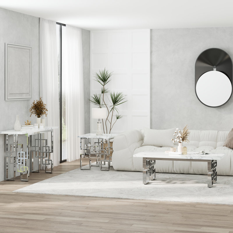 Console luxueuse de 55 pouces en faux marbre blanc et argent avec base géométrique en miroir en métal chromé