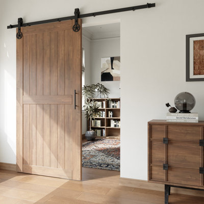 Ensemble de quincaillerie de porte de grange coulissante noire non rustique noire, pour porte simple, rail plat de 6,6 pi de long, rouleau en étoile, robuste, pour usage intérieur seulement (porte non incluse)