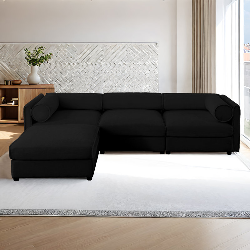 Chenille Sectional Couch With Ottoman L Shapped Sectional Sofa With Storage, Black Chenille