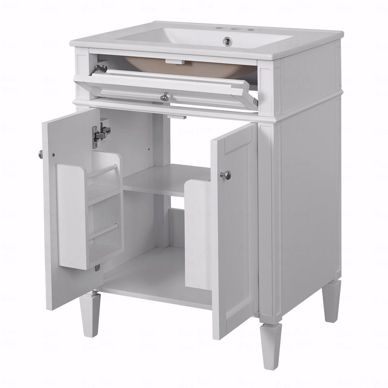 Meuble-lavabo 24 po avec 2 portes et tiroir escamotable, armoire de rangement de salle de bain avec lavabo, portes à fermeture en douceur avec organisateurs