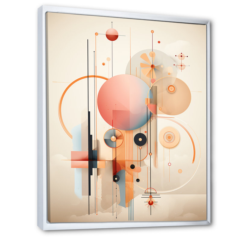 «Distant Celebration Circurlar In Retro Pink I - Modern Geometric Wall Art Living Room, Cadre flottant blanc