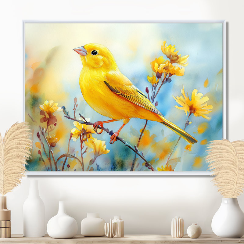 «Finch Bird On A Wildflower Stem III», reproduction sur toile, H 30 po x l 40 po, Avec cadre, Blanc
