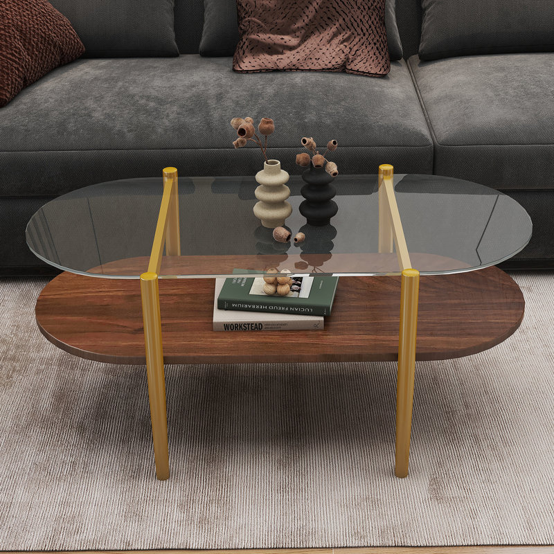 Table basse ovale en verre de forme moderne, format 41 po x l 21 po x H 17 po, pour le salon, structure à double couche avec fonction de rangement, verre transparent et panneau de fibres à densité moyenne brun café