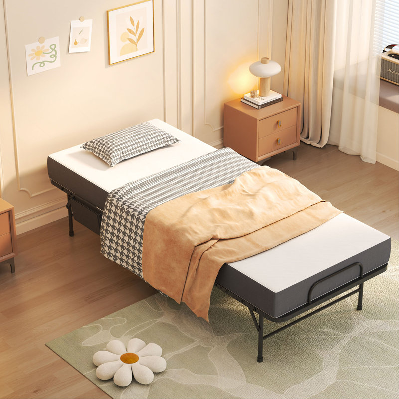 Folding Bed With Adjustable Headboard & 5" Memory Foam, Space Saving Rollaway Guest Bed For Tall People, Portable Cot On Wheels, Easy Assembly