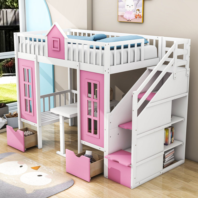 Haideh Kids Bunk Bed with Drawers, White/Pink, Twin over Twin