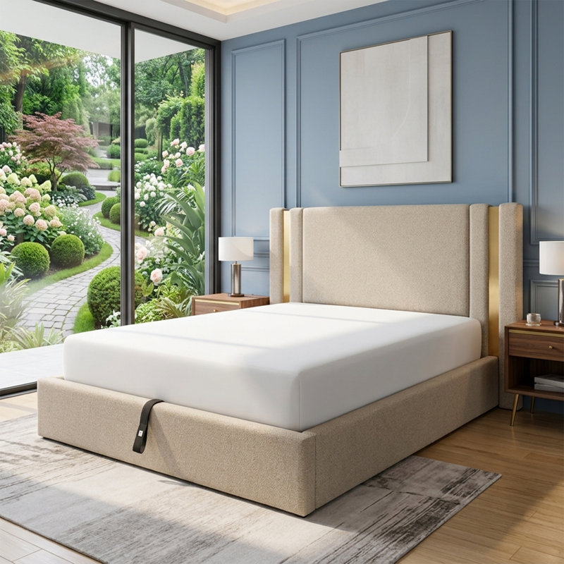 Modern Wingback Linen Upholstered Platform Bed with Gas Lift Storage, Queen, Mink Linen, Mink, Queen