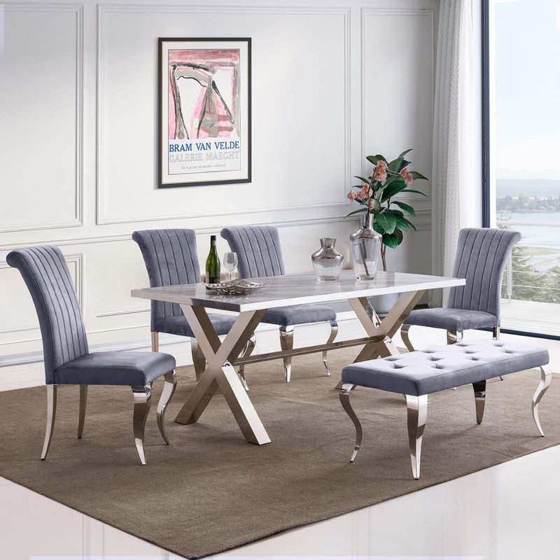 Genuta Grey Velvet Bench with Metal Legs, Gray/Silver