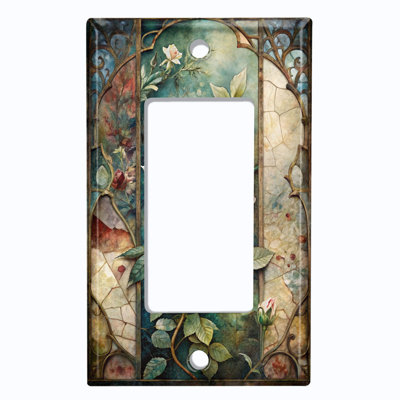 Metal Light Switch Plate Cover; US Standard Size 1 Gang GFI Rocker - Printed Image of Stained Glass Elegant Rose