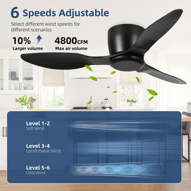 42 In. 3 - Blade Ceiling Fan with Remote, 6-Speed, Reversible DC Motor, Matte Black