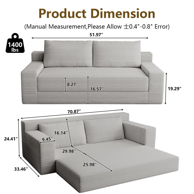 70.87" Loveseat Sofa, Comfy Deep Seat Sofa Bed, Modern Small Corduroy Couch For Living Room, Apartment, Sofa In A Box, No Assembly