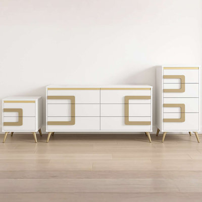 Ensemble de chambre à coucher moderne 3 pièces avec commode blanche et dorée et 2 tables de chevet assorties pour un rangement et un style contemporains