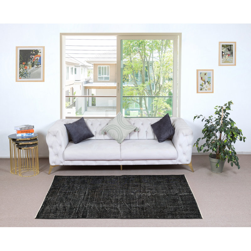 Tapis décoratif noir 3,8 x 6,7 pi pour intérieurs modernes, noué et tissé à la main en Turquie