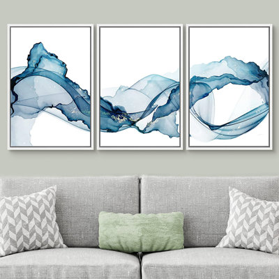 Vibrant Pastel Smoke Waves Abstract Landscape Minimalist Wall Art Set Framed Canvas 3 Pieces Print